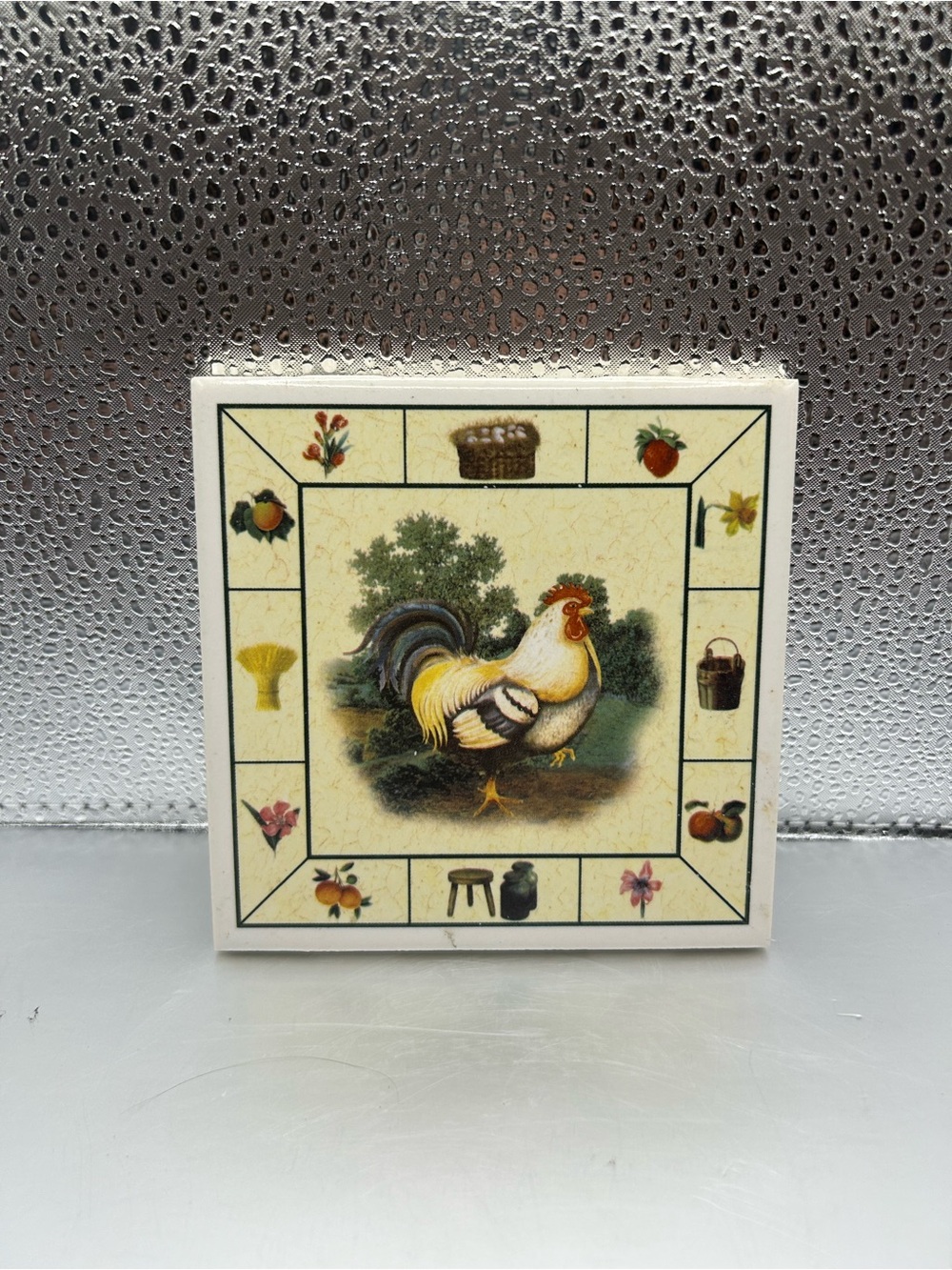 Vintage Rooster Decorative Tile Plaque - Cream & Yellow 4.25” x 4.25”